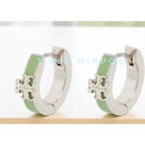 Tory Burch Kira Silver and Green Enamel Huggie Earrings